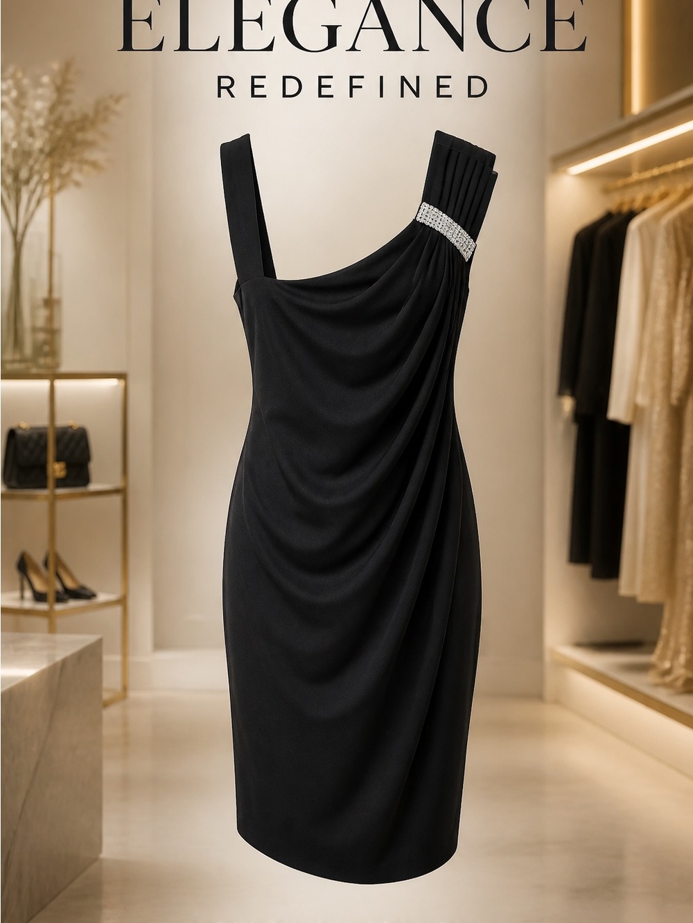 Joseph Ribkoff Black One-Shoulder Draped Cocktail Dress with Rhinestone Accent